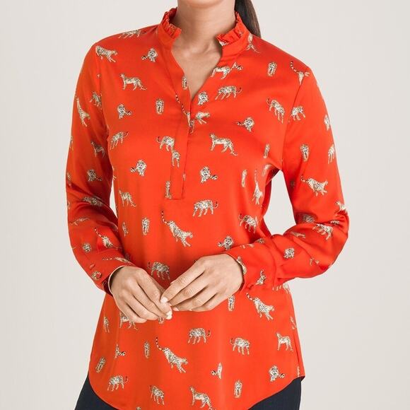 Chicos top Womens size 2 P= Large Petite Leopard animal Print Ruffle Neck Blouse - Picture 3 of 9